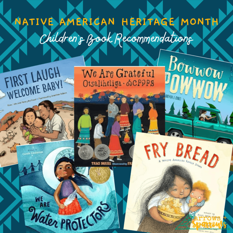 Covers of five children's books honoring Native American Heritage Month on a blue background.