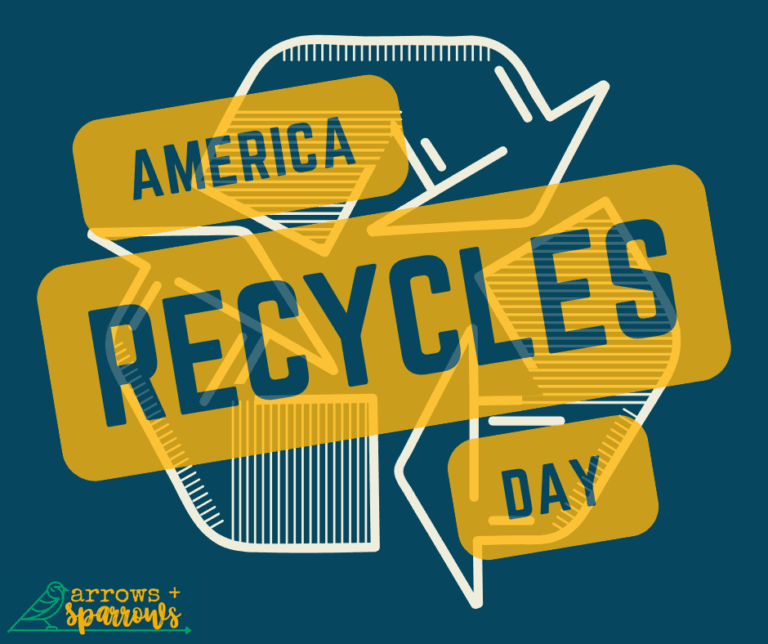 A yellow and blue recycle sign that says America Recycles Day.