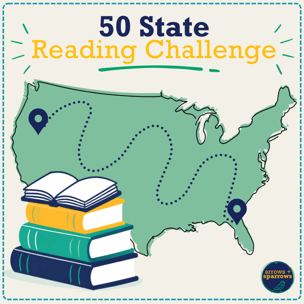 US map illustration surrounded by children's books for a 50-state reading challenge.