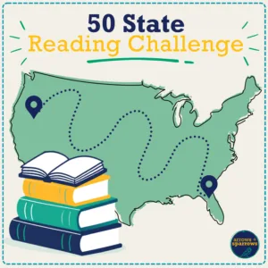 US map illustration surrounded by children's books for a 50-state reading challenge.