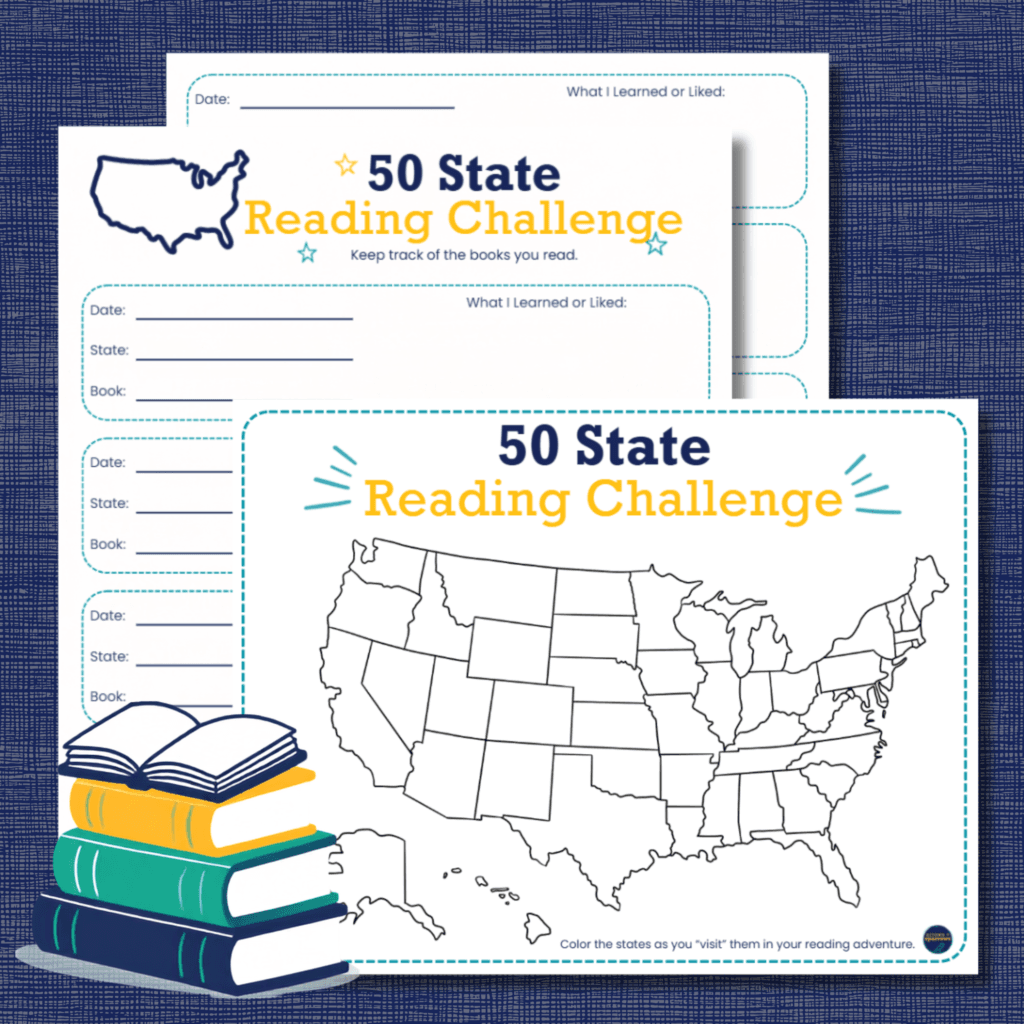 50-State Reading Challenge printable kit including a US map and book tracking worksheets for kids.